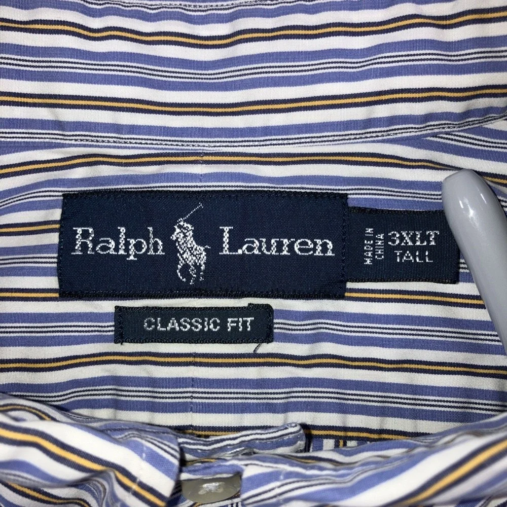 Polo Ralph Lauren Shirt Mens 3XLT‎ Tall Blue Yellow Stripe Button Down *Flaws